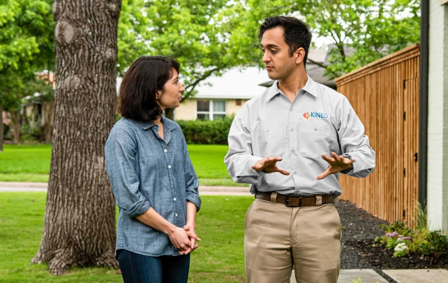 a tech communicating with a homeowner outside